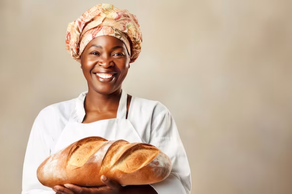 portrait femme boulanger noire afro americaine heureuse souriante du pain frais parfume dans mains patisseries francaises classiques fraiches 642829 11881 portrait femme boulanger noire afro americaine heureuse souriante du pain frais parfume dans mains patisseries francaises classiques fraiches 642829 11881